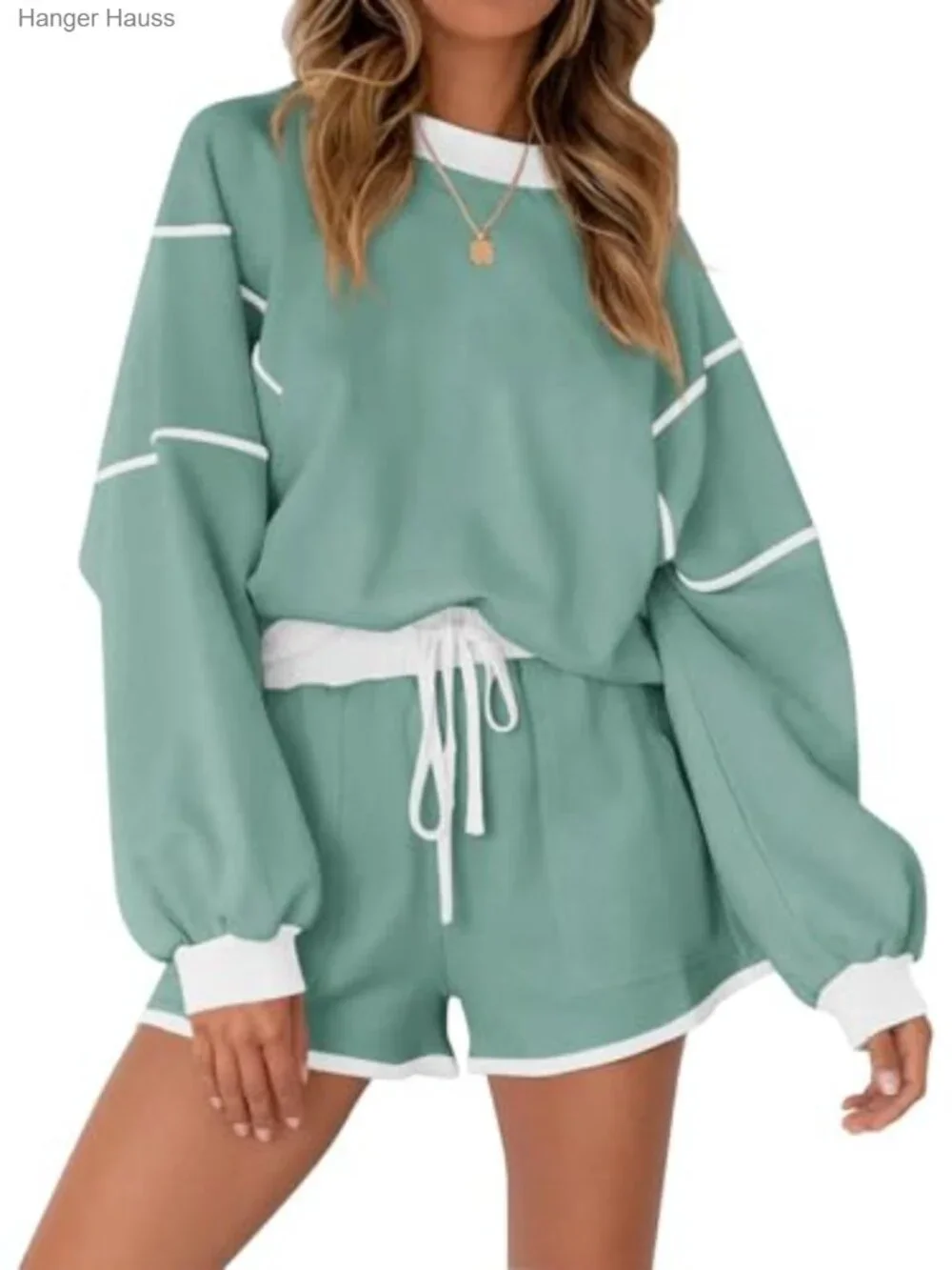 Womens Sweatsuit 2 Piece Set Oversized Crewneck High Waisted Shorts Lounge Wear